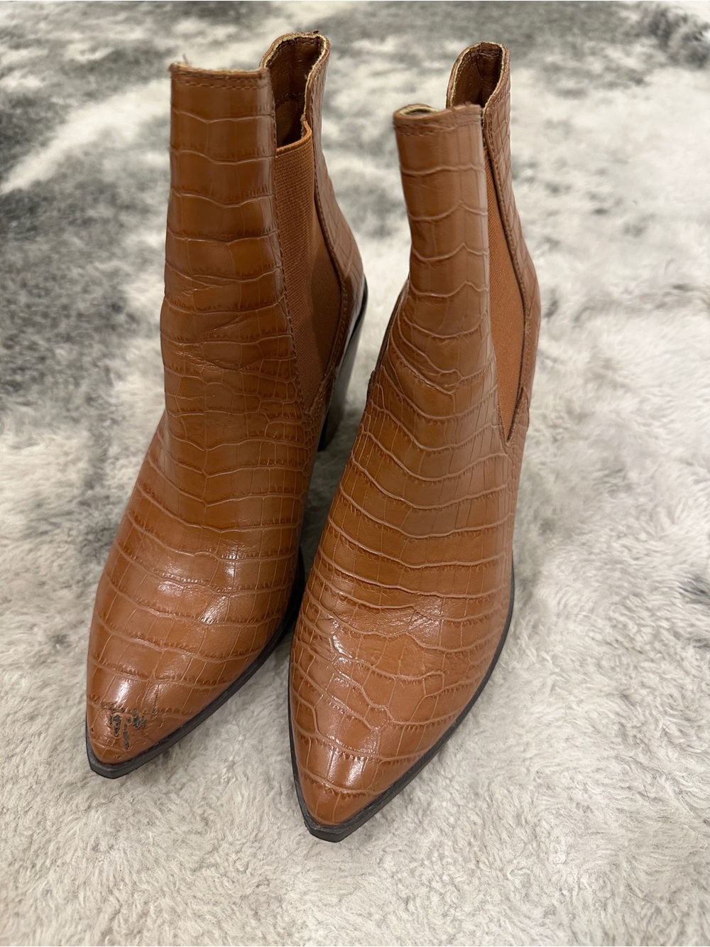 Chinese Laundry Croc-Embossed Brown Pointed Ankle Boots